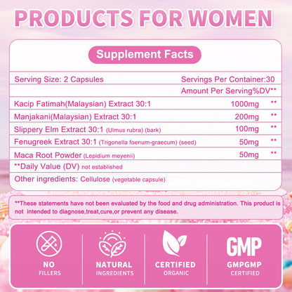 Vaginal Moisturizer Capsules – Kacip Fatimah 1000mg, Manjakni 200mg & Slippery Elm | Vegan, 60 Capsules