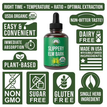Slippery Elm Bark – USDA Organic Vegan Liquid Drops | High Bioavailability for Women, Men & Kids