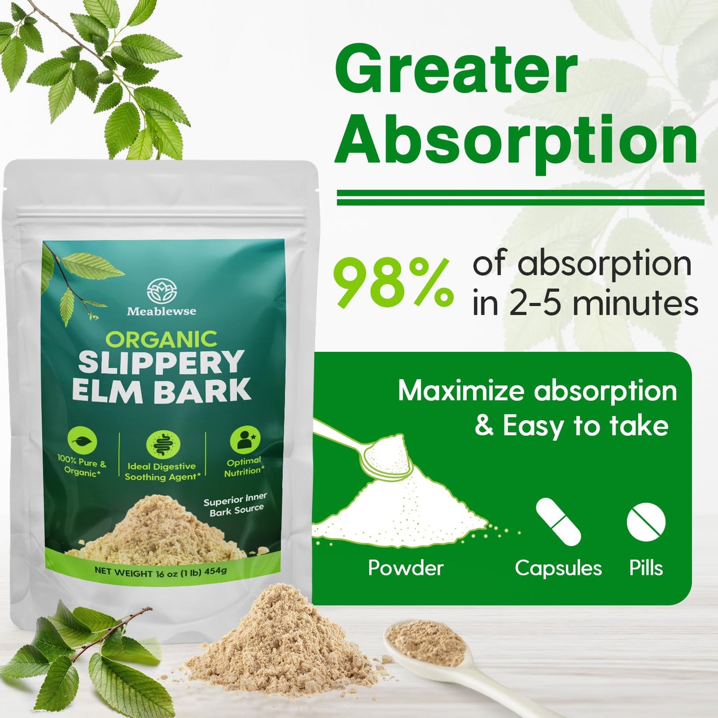 Slippery Elm Powder – Pure Inner Bark, 1lb (349 Servings) for Throat & Digestive Health, Vegan & Non-GMO