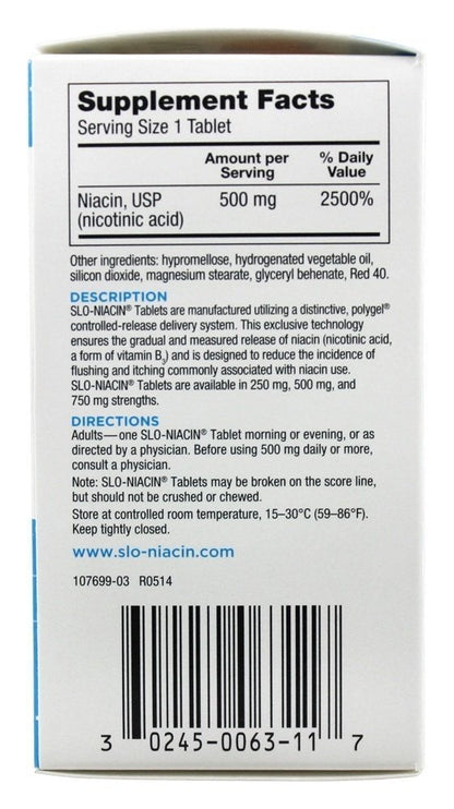 Slo-Niacin 500 mg Niacin (Vitamin B3) – Slow Release 100 Capsules | Heart Health, Energy & Skin
