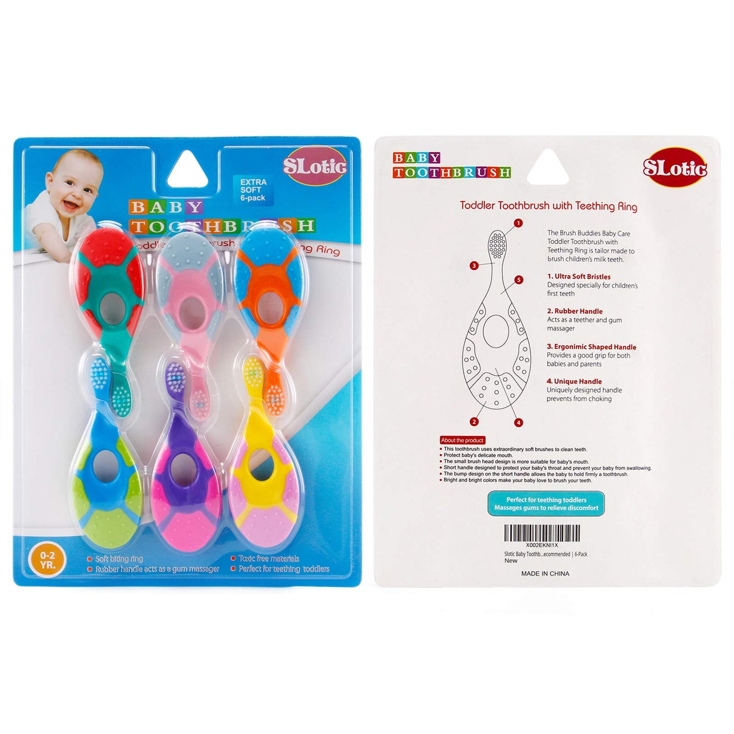 Slotic Baby & Toddler Toothbrush (0-2 yrs) - Extra Soft Bristles, Easy-Grip Handle, 6-Pack