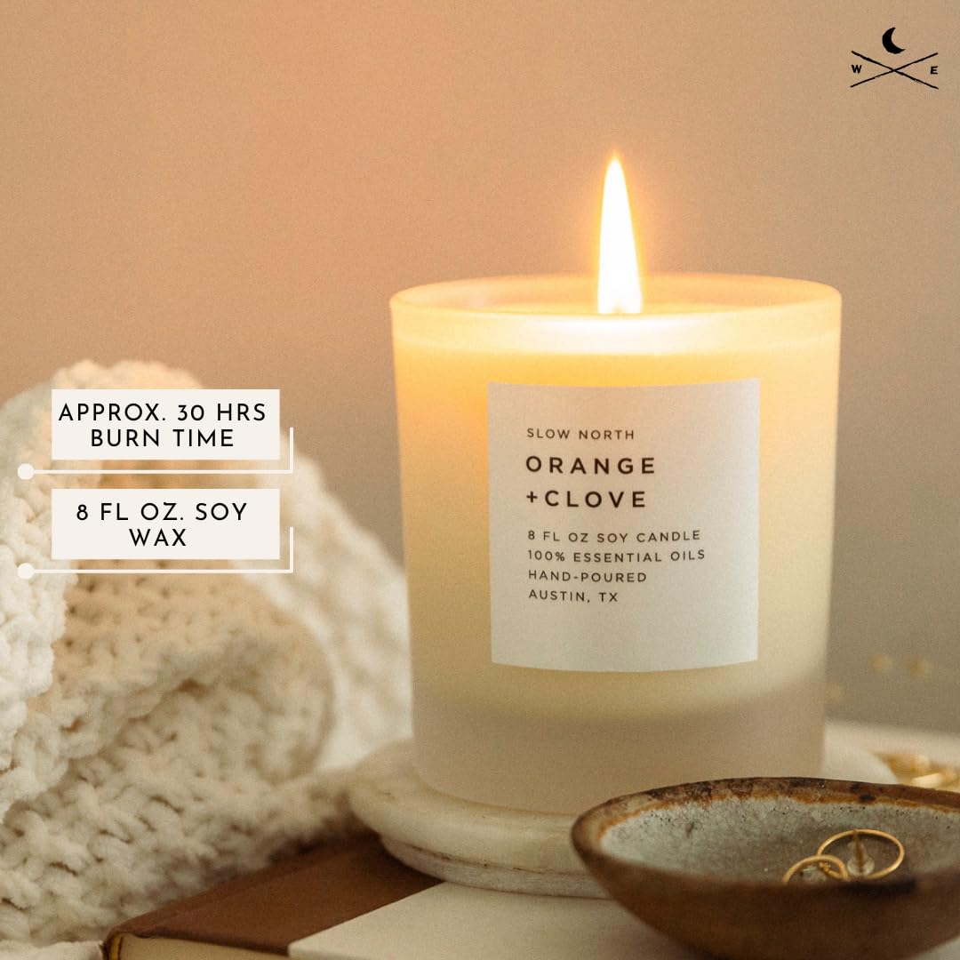 Slow North Orange + Clove Candle | Pure Soy Wax, Essential Oils, Reusable Frosted Glass Jar, Hand-Poured in the USA (8 oz)