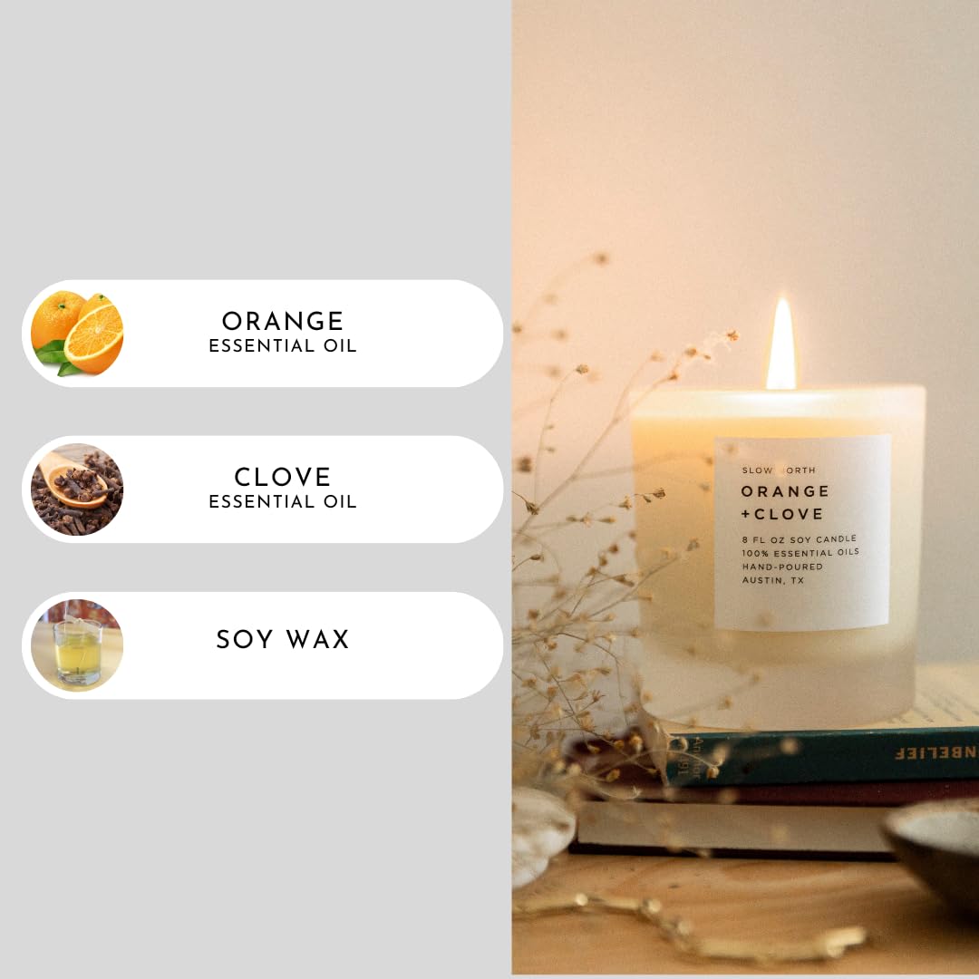 Slow North Orange + Clove Candle | Pure Soy Wax, Essential Oils, Reusable Frosted Glass Jar, Hand-Poured in the USA (8 oz)