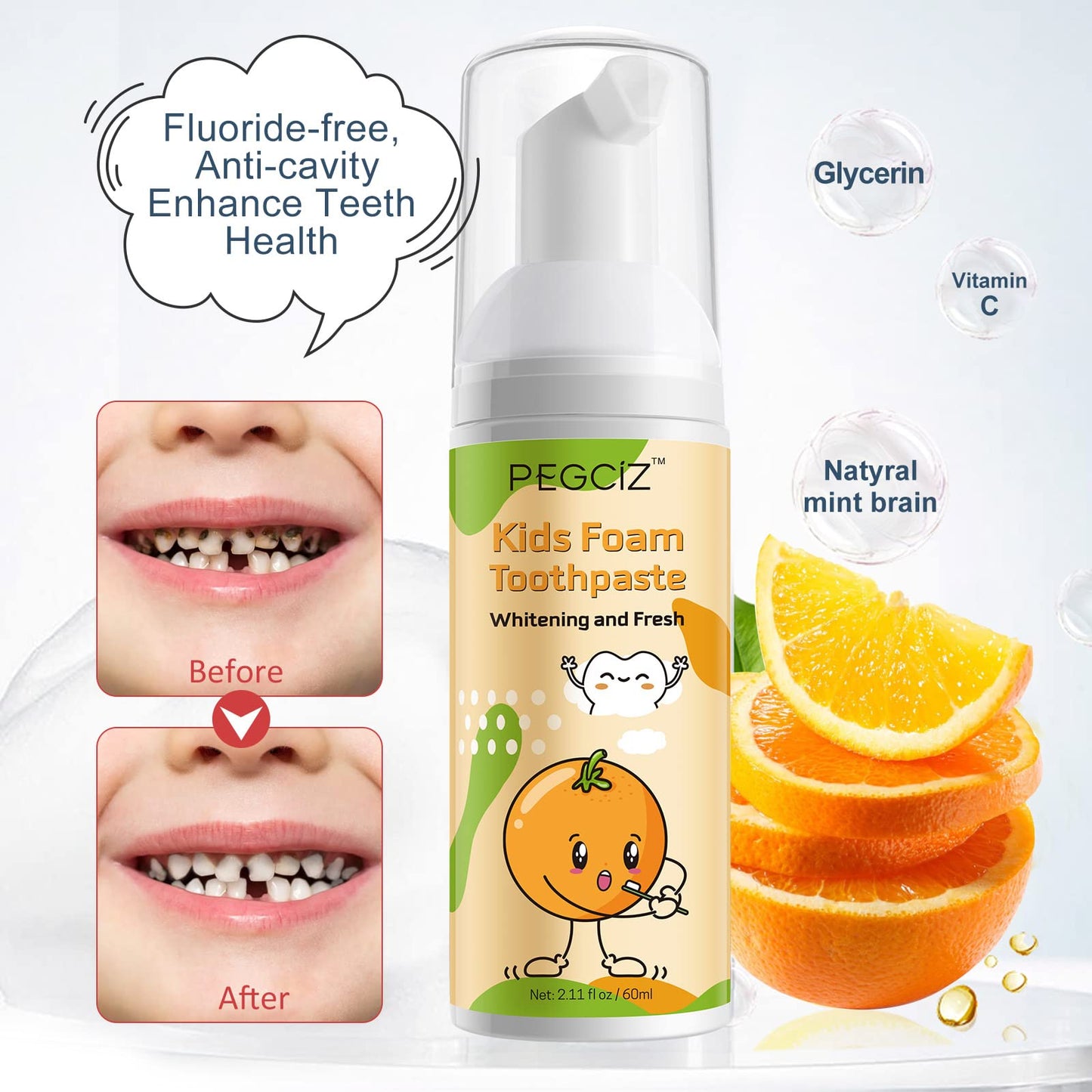 Kids Foam Toothpaste with Fruit Flavor - Anti-Cavity Formula (2x60ml)
