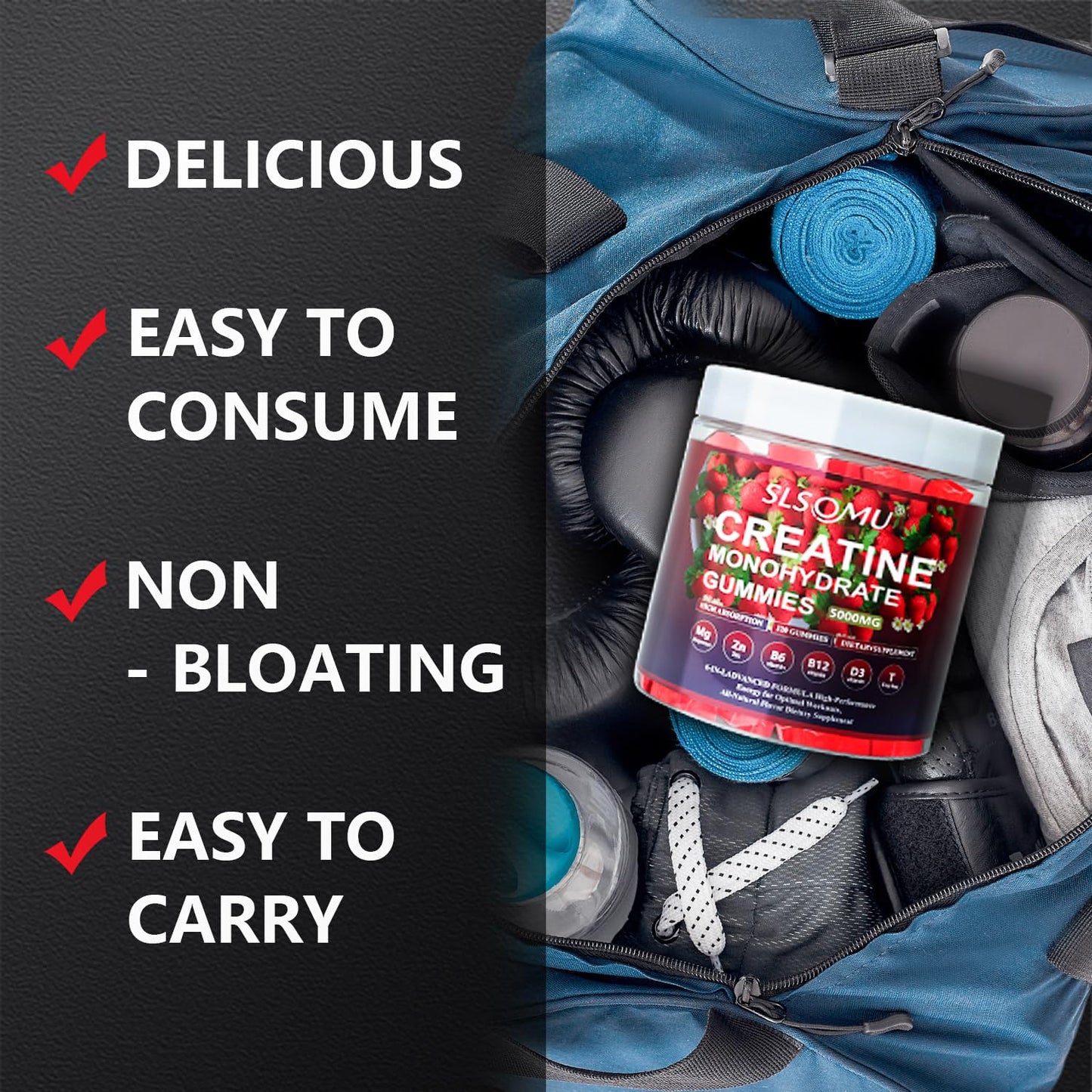 Slsomu Creatine Monohydrate Gummies 5000mg – Strawberry, 120 Gummies | Vegan Pre-Workout