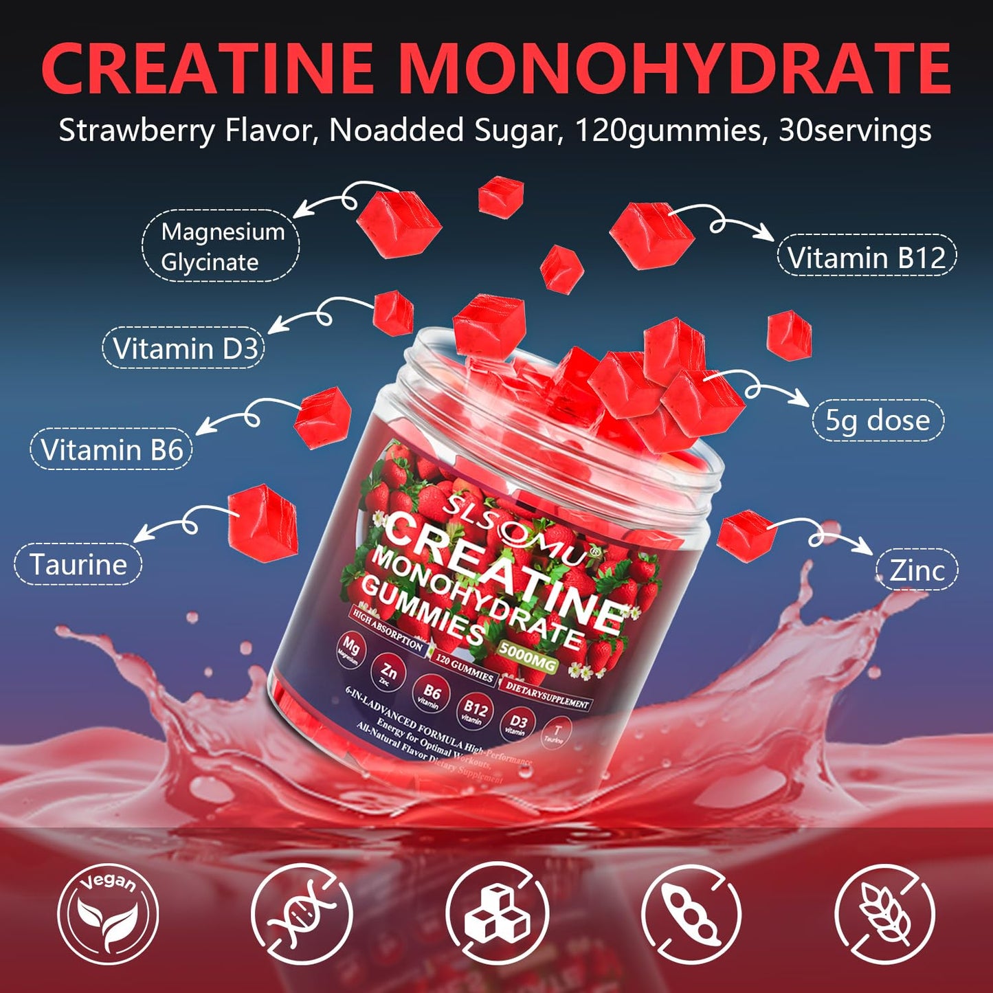 Slsomu Creatine Monohydrate Gummies 5000mg – Strawberry, 120 Gummies | Vegan Pre-Workout