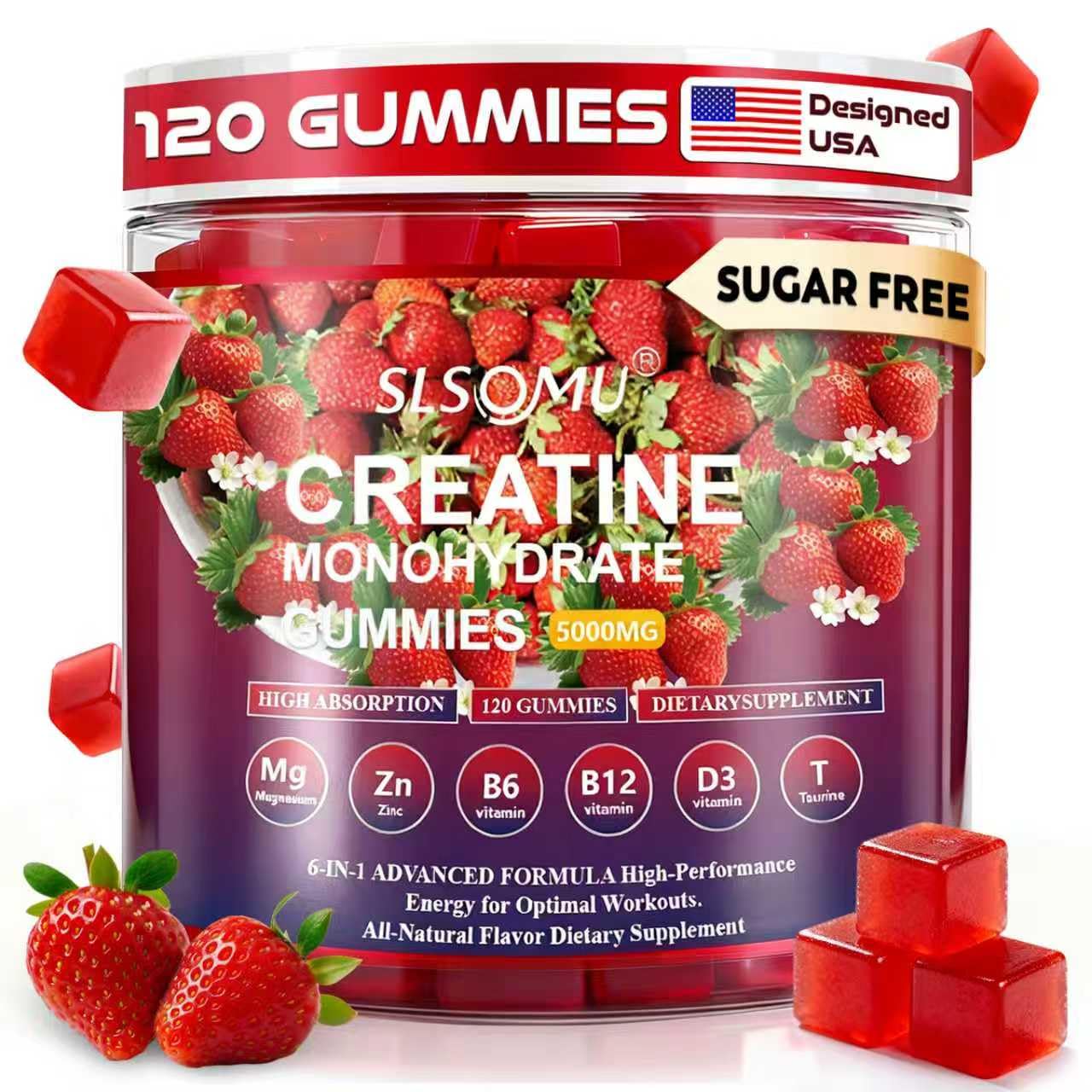 Slsomu Creatine Monohydrate Gummies 5000mg – Strawberry, 120 Gummies | Vegan Pre-Workout