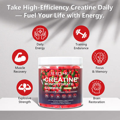 Slsomu Creatine Monohydrate Gummies 5000mg – Strawberry, 120 Gummies | Vegan Pre-Workout