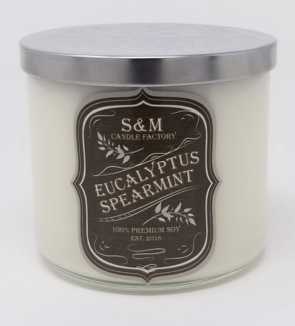S&M Candle Factory Eucalyptus Spearmint Candle - Aromatherapy Soy Wax, 3 Wick, Made in USA