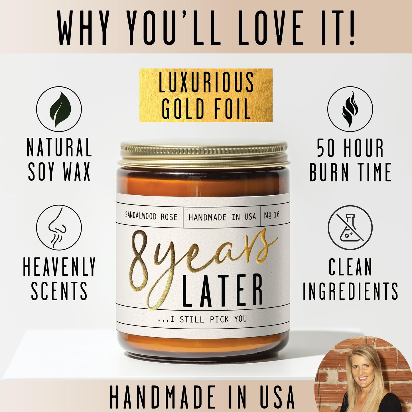 8 Year Anniversary Gift for Her – 8 Years Later Soy Candle (Sandalwood Rose) | USA Made