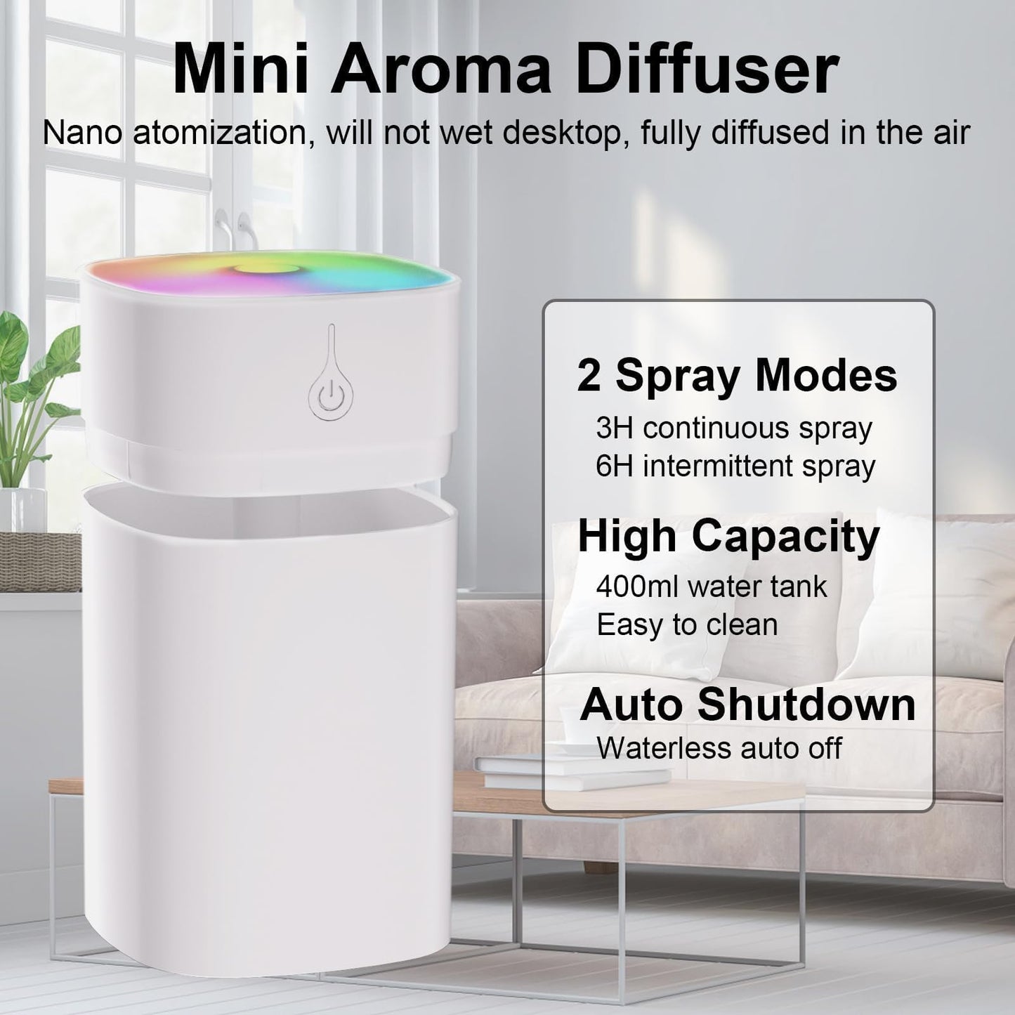 Small Diffuser 400ml – 2-in-1 Desk Humidifier & Aroma Diffuser with Auto-Off