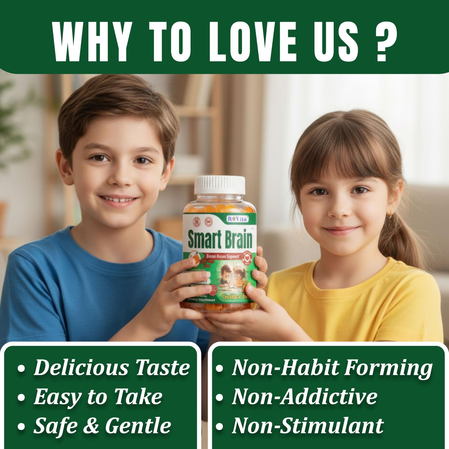 Smart Brain Focus Gummies for Kids & Teens – Plant-Based Omega-3 DHA, Non-GMO (60 Count)