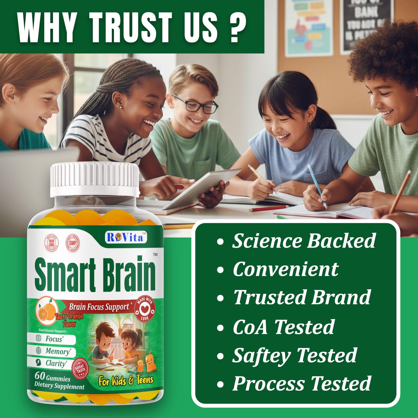 Smart Brain Focus Gummies for Kids & Teens – Plant-Based Omega-3 DHA, Non-GMO (60 Count)