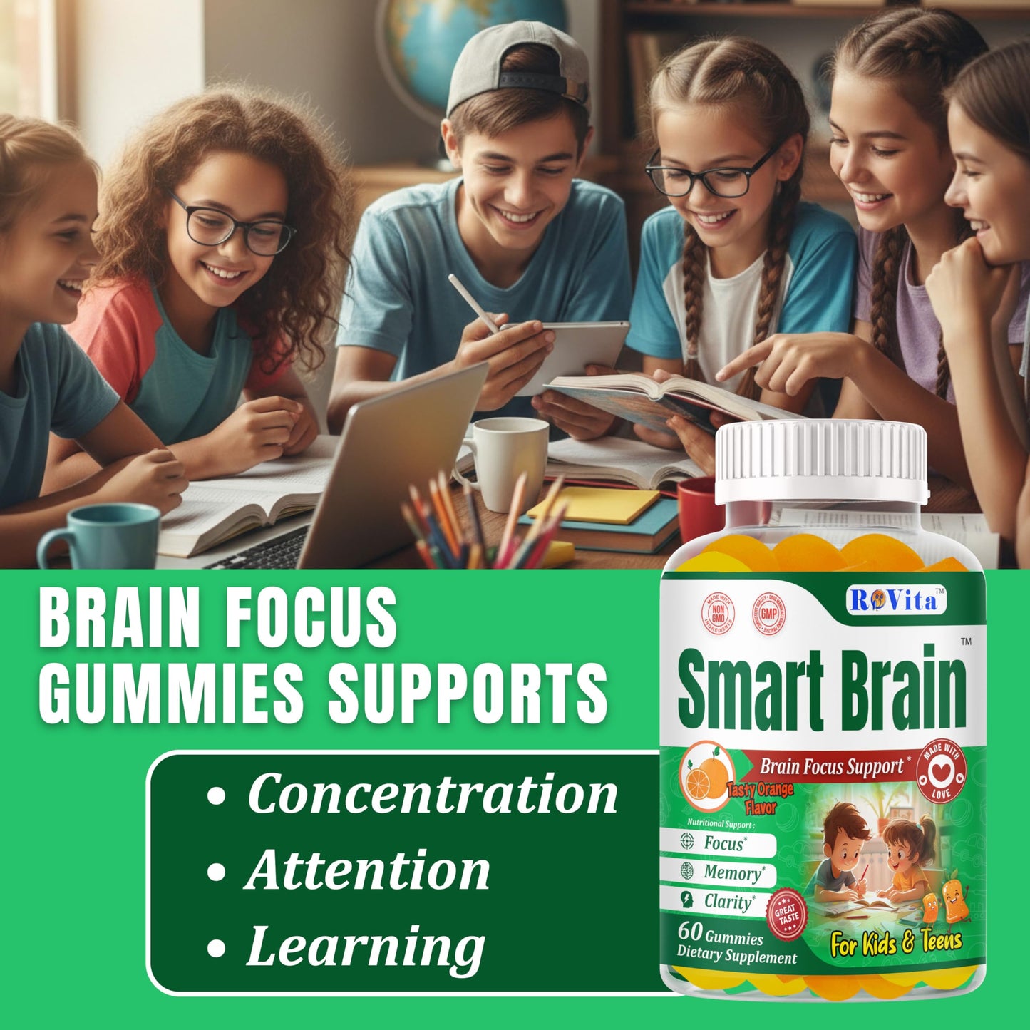 Smart Brain Focus Gummies for Kids & Teens – Plant-Based Omega-3 DHA, Non-GMO (60 Count)