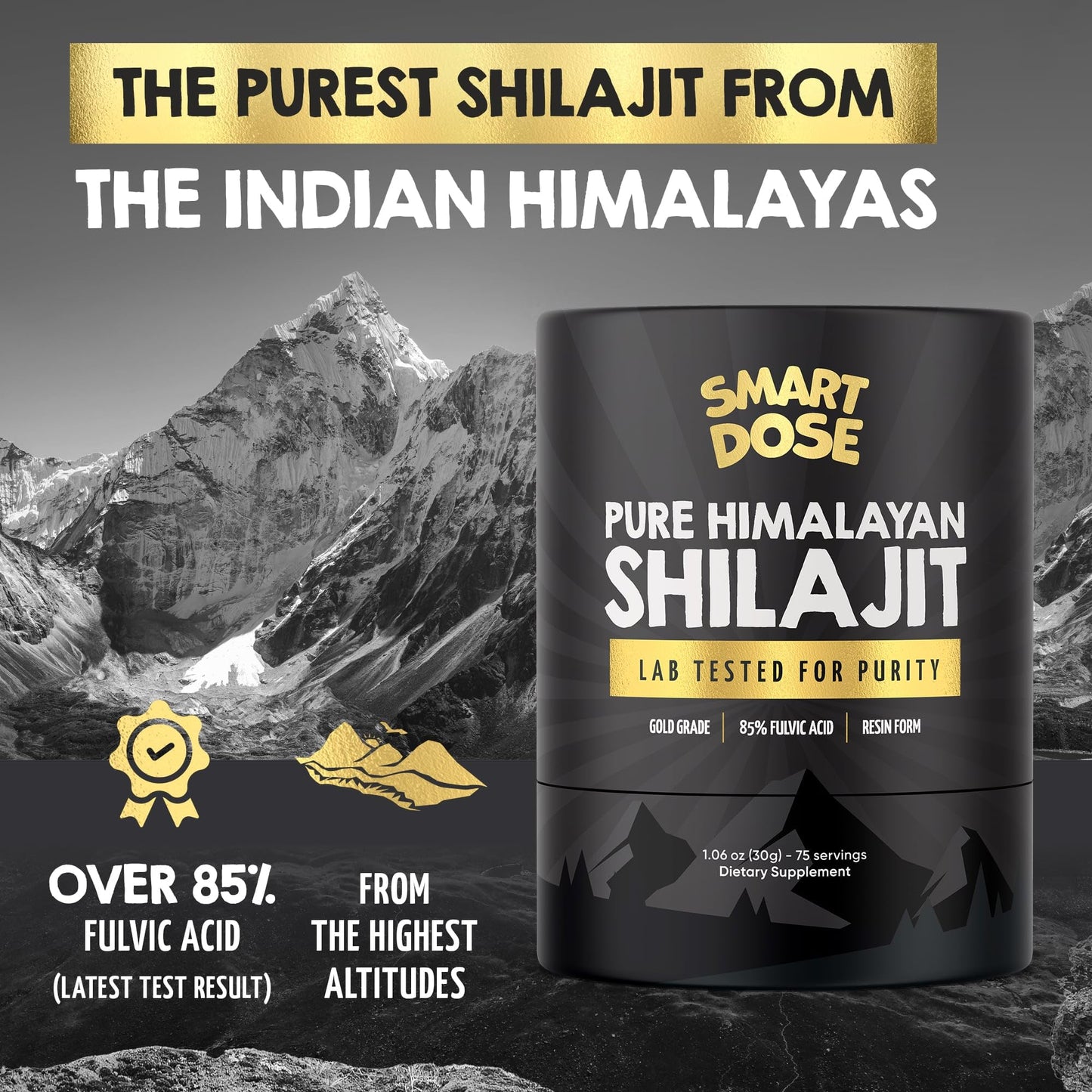 Smart Dose Pure Himalayan Shilajit Resin – 85% Fulvic Acid, 125 Servings, Medium Jar | Lab-Tested in USA