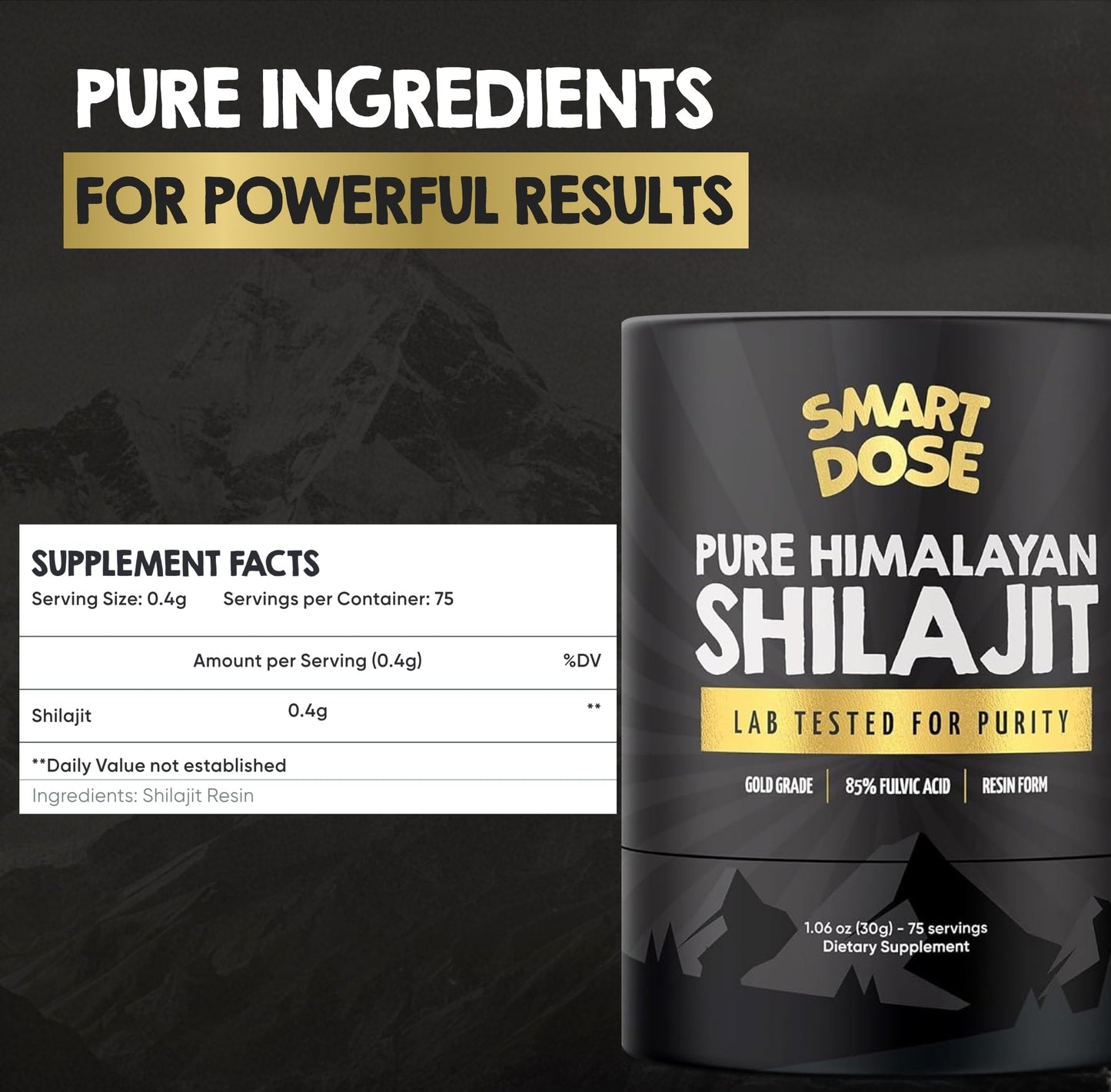 Smart Dose Pure Himalayan Shilajit Resin – 85% Fulvic Acid, 125 Servings, Medium Jar | Lab-Tested in USA