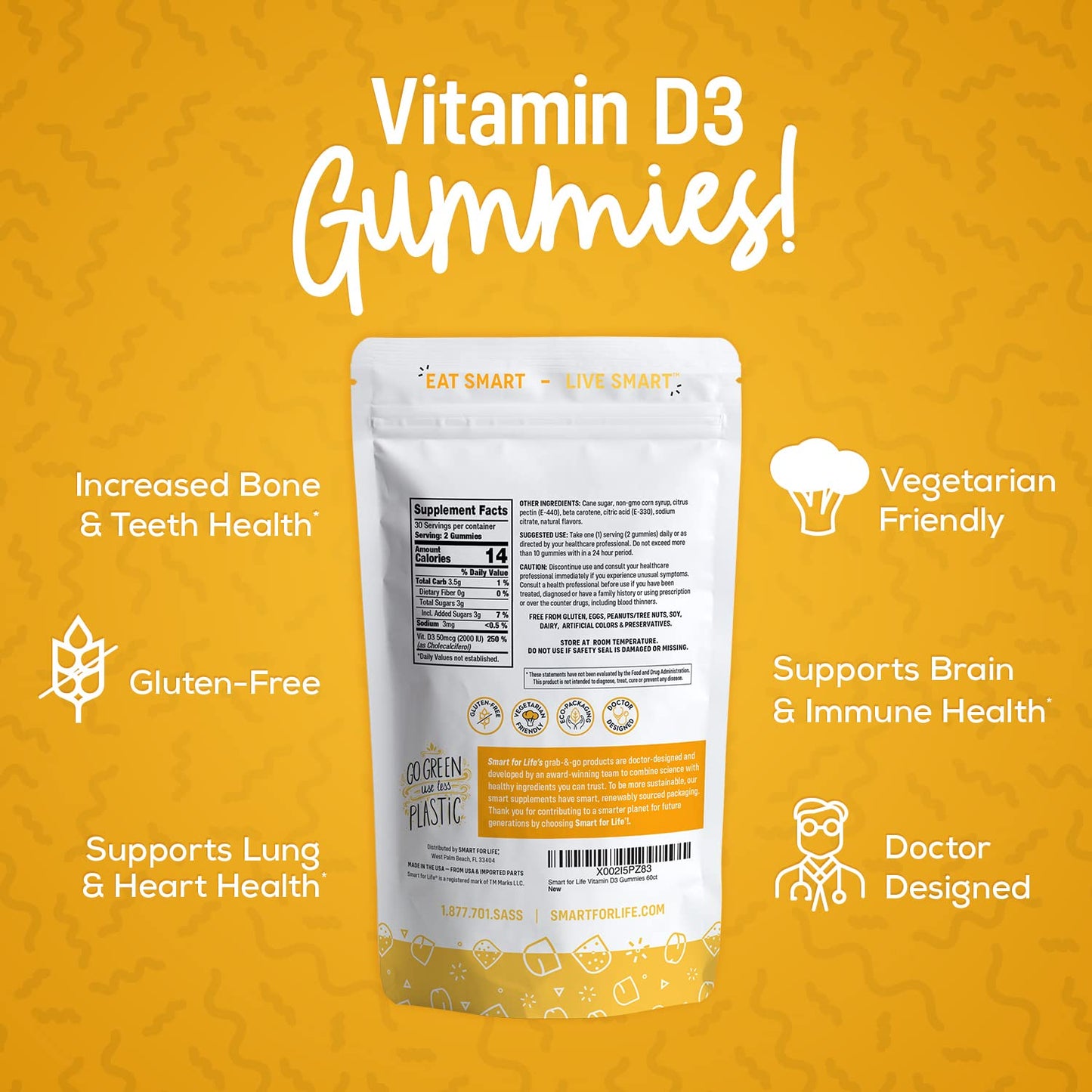 Smart for Life Vitamin D3 Gummies - High Absorption Vitamin D3 for Immune Support & Bone Strength - 60 Count