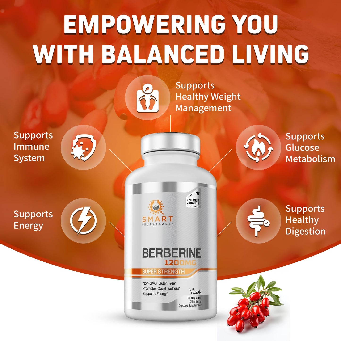 Smart Nutra Labs Berberine HCL 1200mg - 60 Vegan Capsules | Non-GMO, Gluten Free