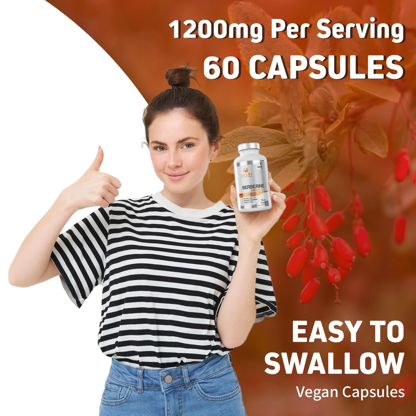 Smart Nutra Labs Berberine HCL 1200mg - 60 Vegan Capsules | Non-GMO, Gluten Free