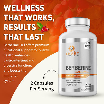 Smart Nutra Labs Berberine HCL 1200mg - 60 Vegan Capsules | Non-GMO, Gluten Free