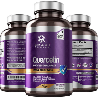 Smart Nutra Labs Quercetin 1000mg – 180 Vegan Capsules, Non-GMO, Gluten Free, Third-Party Tested