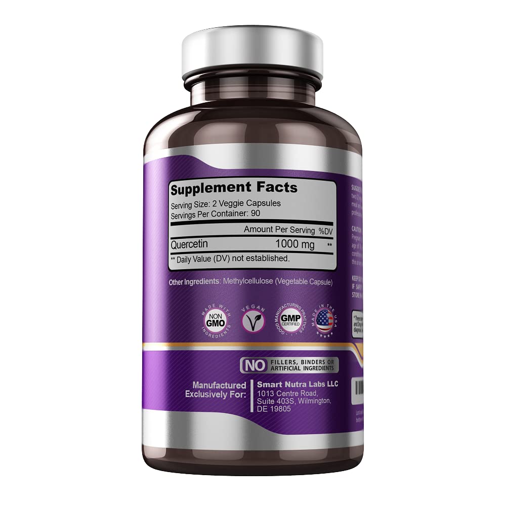 Smart Nutra Labs Quercetin 1000mg – 180 Vegan Capsules, Non-GMO, Gluten Free, Third-Party Tested