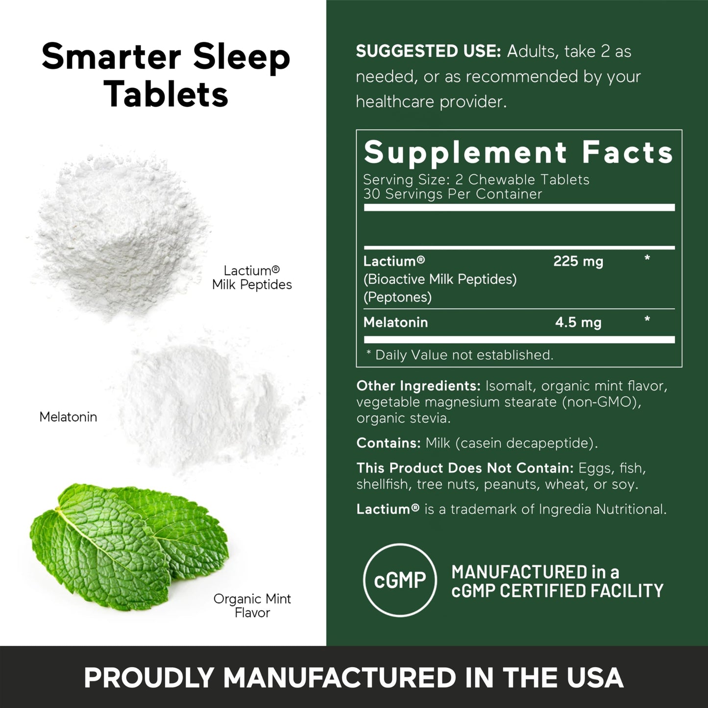 Smarter Sleep Melatonin 4.5mg + Lactium® Dissolvable Tablets – Mint Flavor, Non-GMO, 180 Count (90-Day Supply)