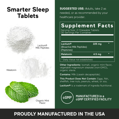 Smarter Sleep Melatonin 4.5mg + Lactium® Dissolvable Tablets – Mint Flavor, Non-GMO, 180 Count (90-Day Supply)