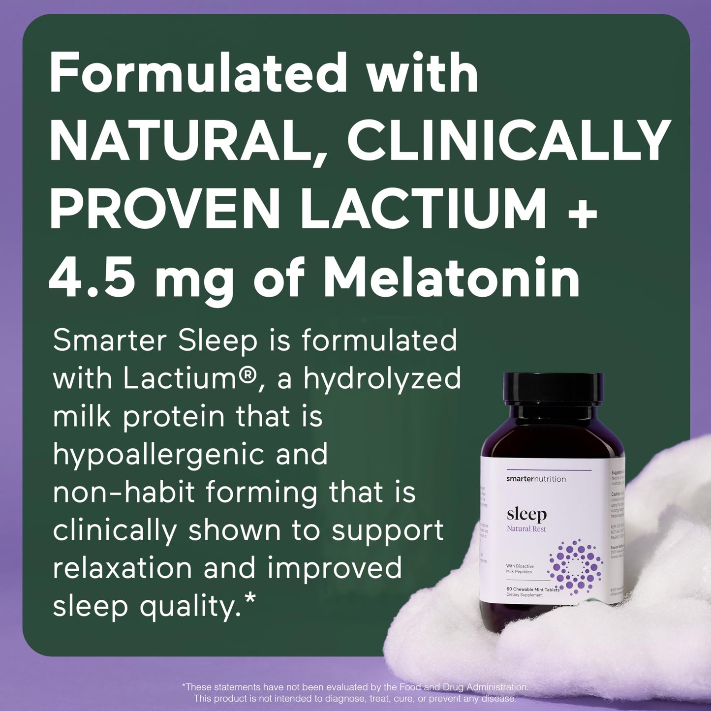 Smarter Sleep Melatonin 4.5mg + Lactium® Dissolvable Tablets – Mint Flavor, Non-GMO, 180 Count (90-Day Supply)