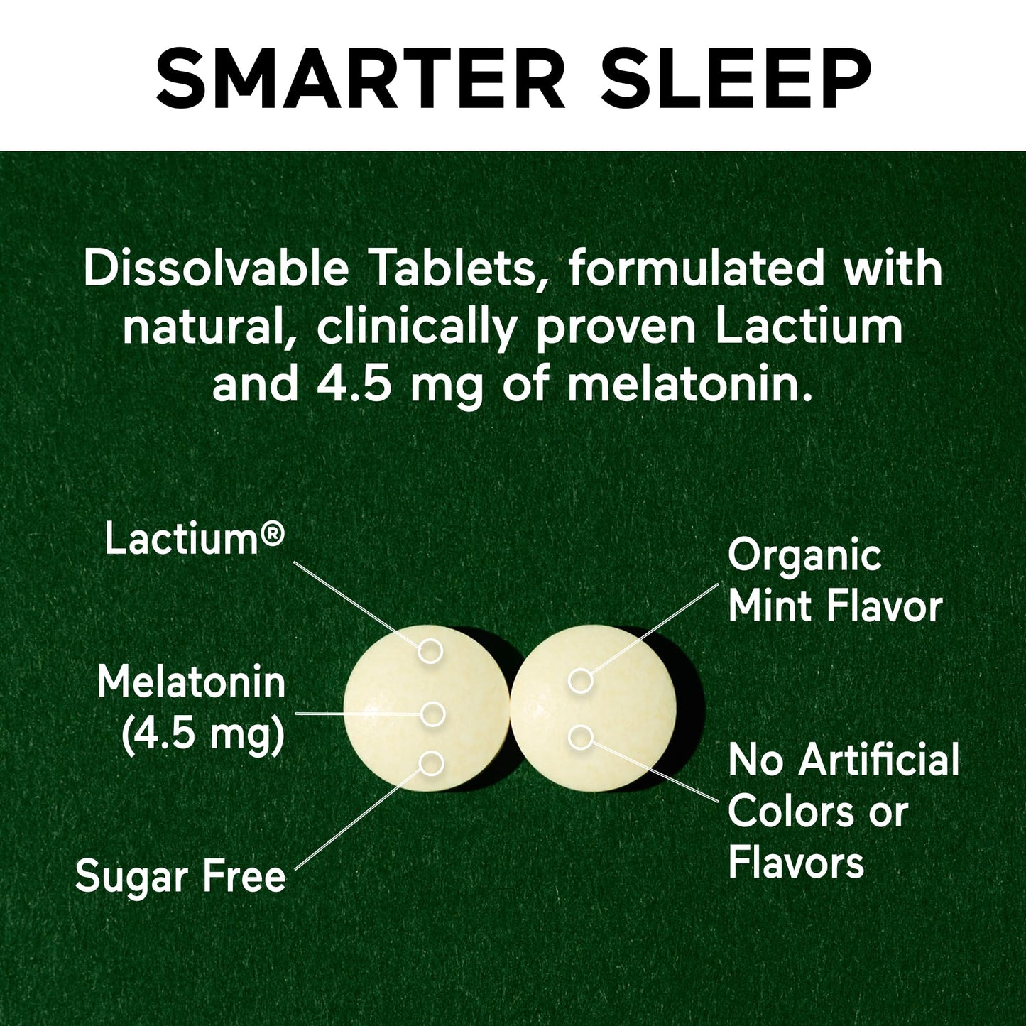 Smarter Sleep Melatonin 4.5mg + Lactium® Dissolvable Tablets – Mint Flavor, Non-GMO, 180 Count (90-Day Supply)