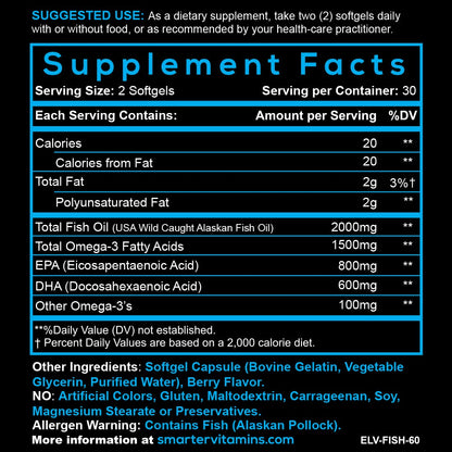 SmarterVitamins Omega-3 3-Pack: Berry Flavor Burpless Softgels, 2000mg DHA EPA (AlaskOmega)