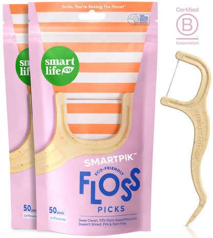 SmartLifeco Eco-Friendly Dental Floss Picks (100ct) – Vegan, Unflavored, Straw Wheat Blend