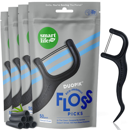 SmartLifeco Eco-Friendly Dual-Thread Dental Floss Picks (200ct) - Straw Wheat Blend & Activated Bamboo Charcoal