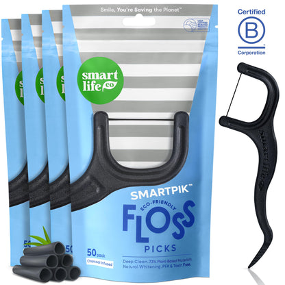 SmartLifeco Eco-Friendly Dental Floss Picks (200ct) - Straw Wheat Blend & Bamboo Charcoal