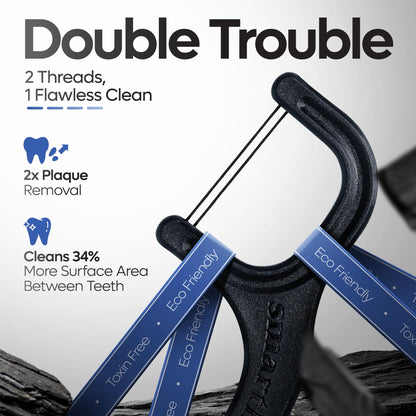 SmartLifeco Eco-Friendly Dual-Thread Dental Floss Picks (200ct) - Straw Wheat Blend & Activated Bamboo Charcoal