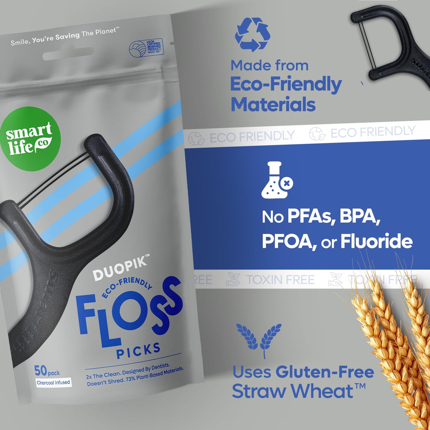 SmartLifeco Eco-Friendly Dual-Thread Dental Floss Picks (200ct) - Straw Wheat Blend & Activated Bamboo Charcoal