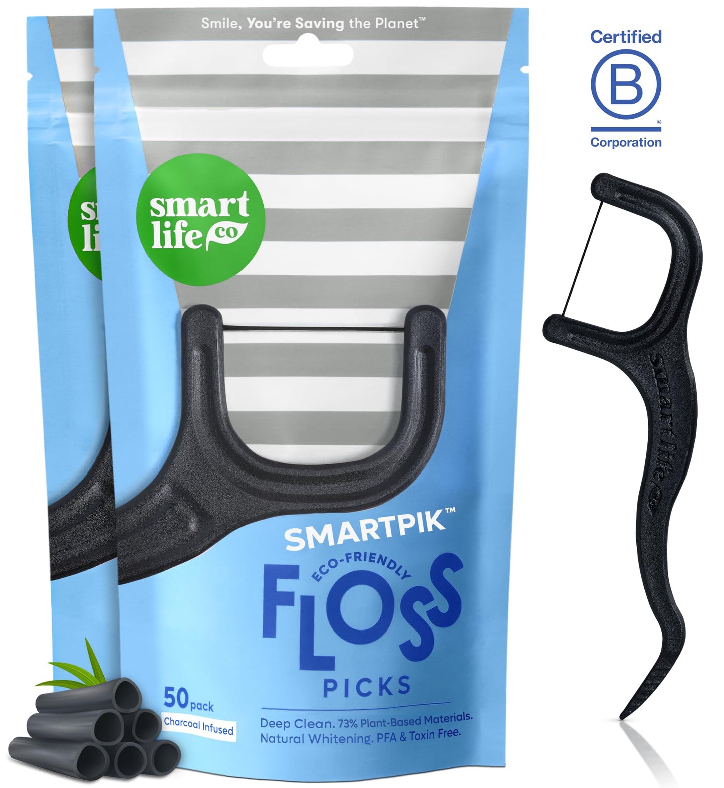 SmartLifeco Eco-Friendly Dental Floss Picks (100ct) – Straw Wheat Blend & Activated Bamboo Charcoal