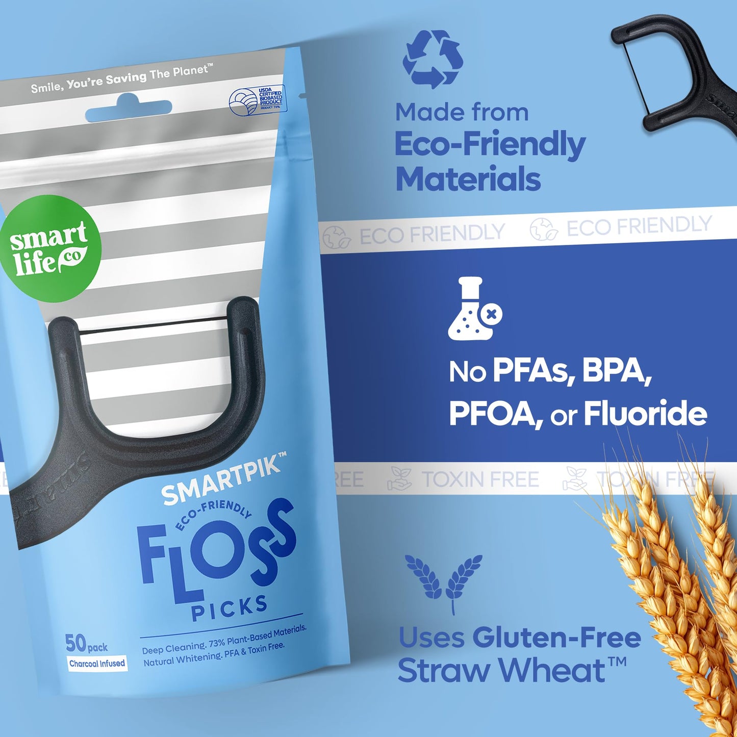 SmartLifeco Eco-Friendly Dental Floss Picks (100ct) – Straw Wheat Blend & Activated Bamboo Charcoal