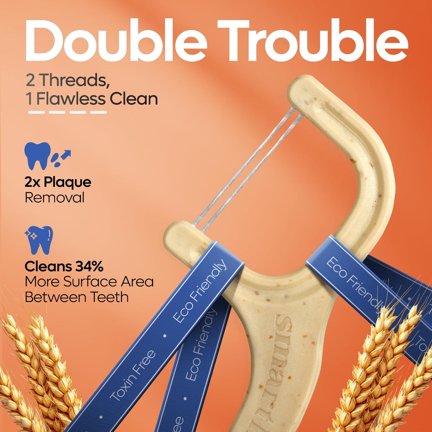 SmartLifeco Straw-Wheat Dual-Thread Dental Floss Picks 200ct