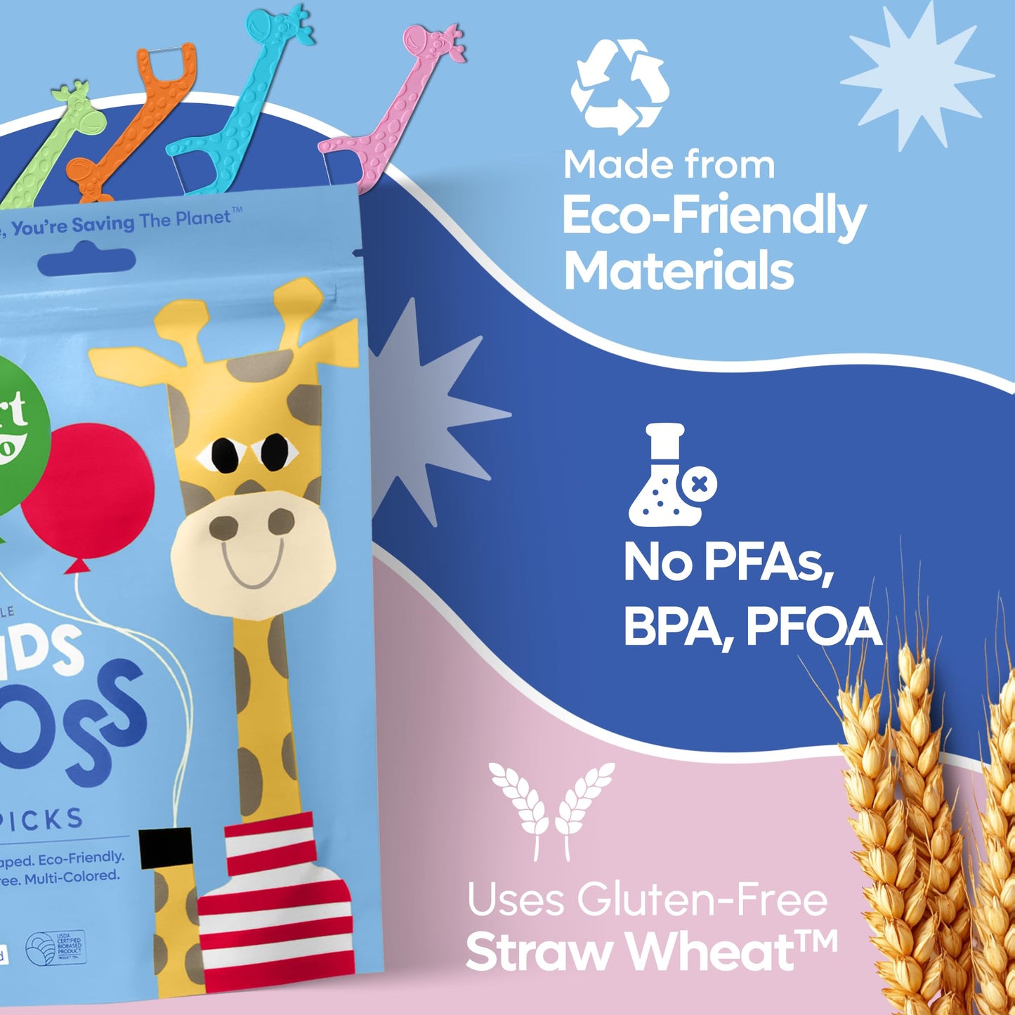 SmartLifeco Eco-Friendly Kids Flossers (200ct) – Straw Wheat, No Shred, Unflavored