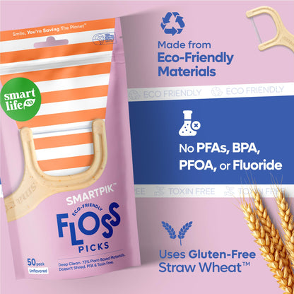 SmartLifeco Eco-Friendly Dental Floss Picks (100ct) – Vegan, Unflavored, Straw Wheat Blend