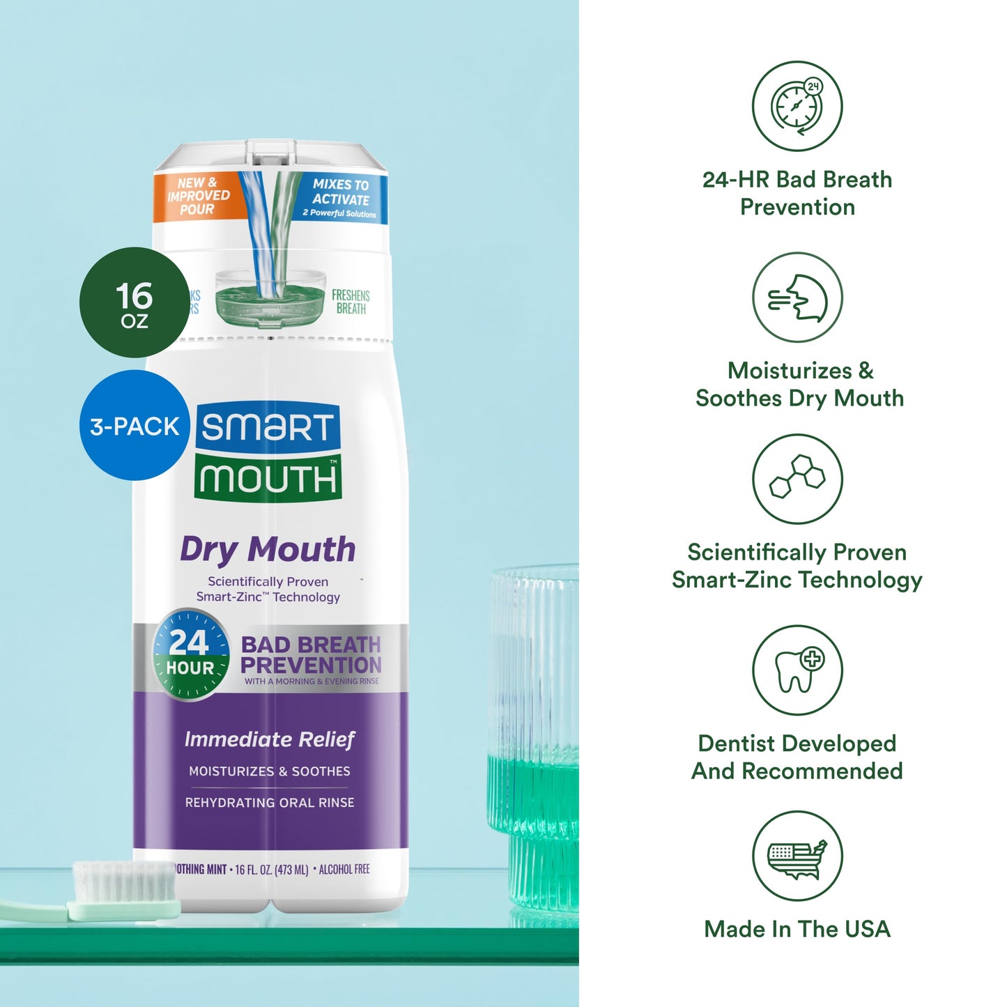 SmartMouth Activated Dry Mouth Mouthwash - Mint, 16 oz, 3 Pack