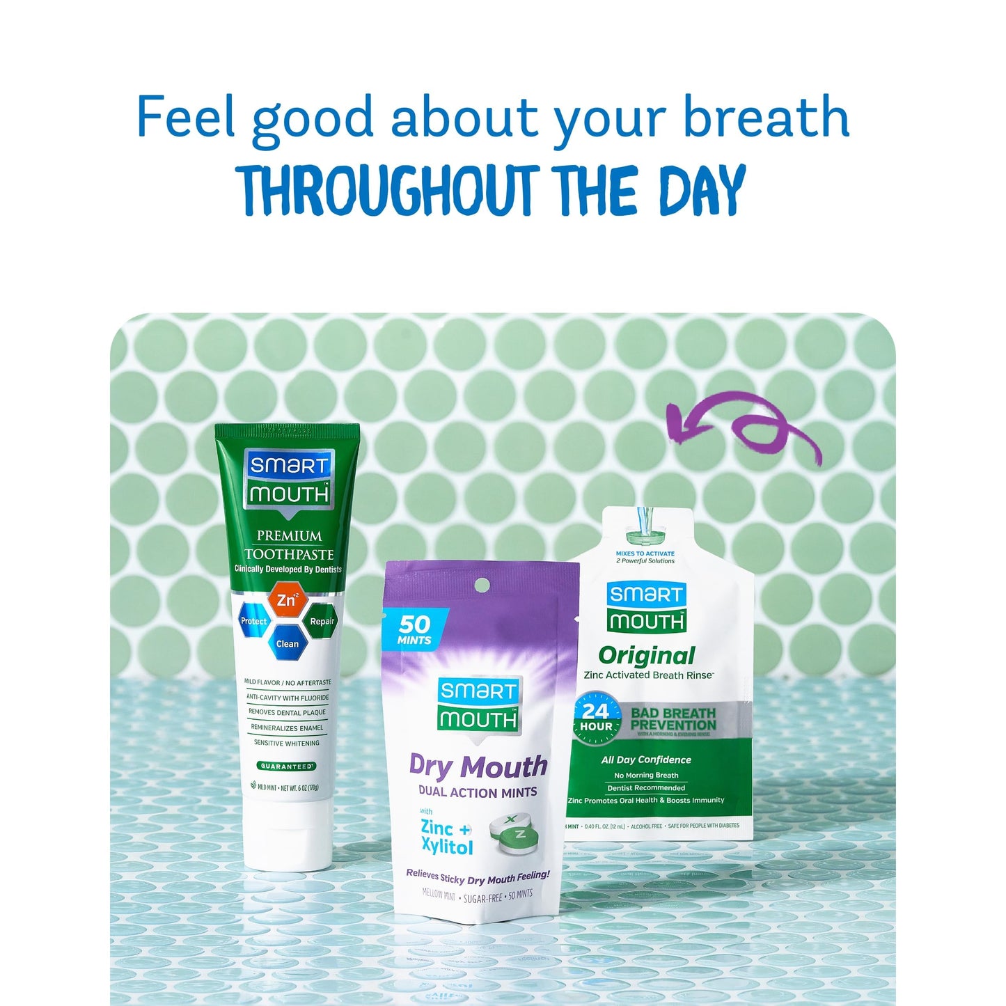 SmartMouth Package: Activated Mouthwash, Dry Mouth Mints 50-Count & Zinc Ion Toothpaste