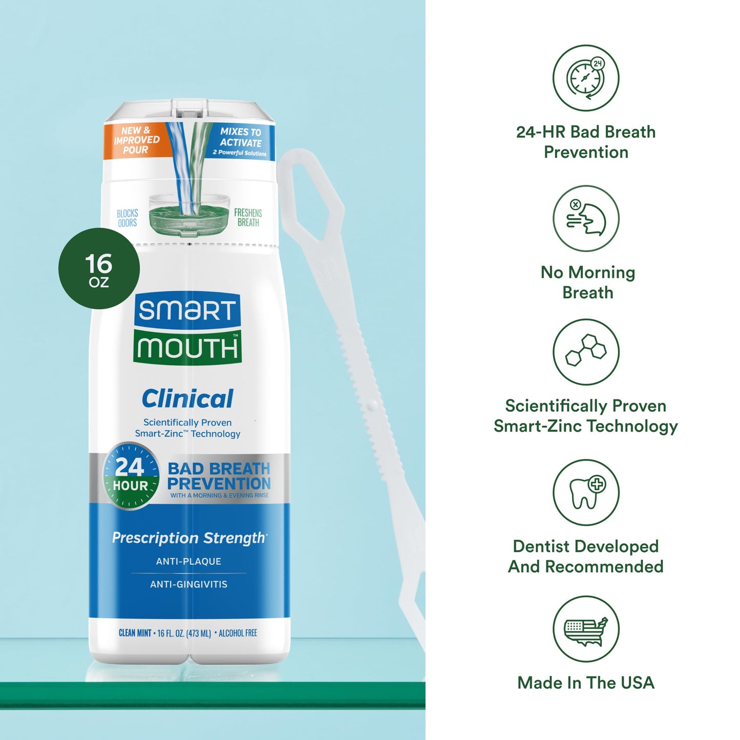 SmartMouth DDS Activated Clinical Mouthwash with Tongue Cleaner – Fresh Breath, Gum Health, 16 oz