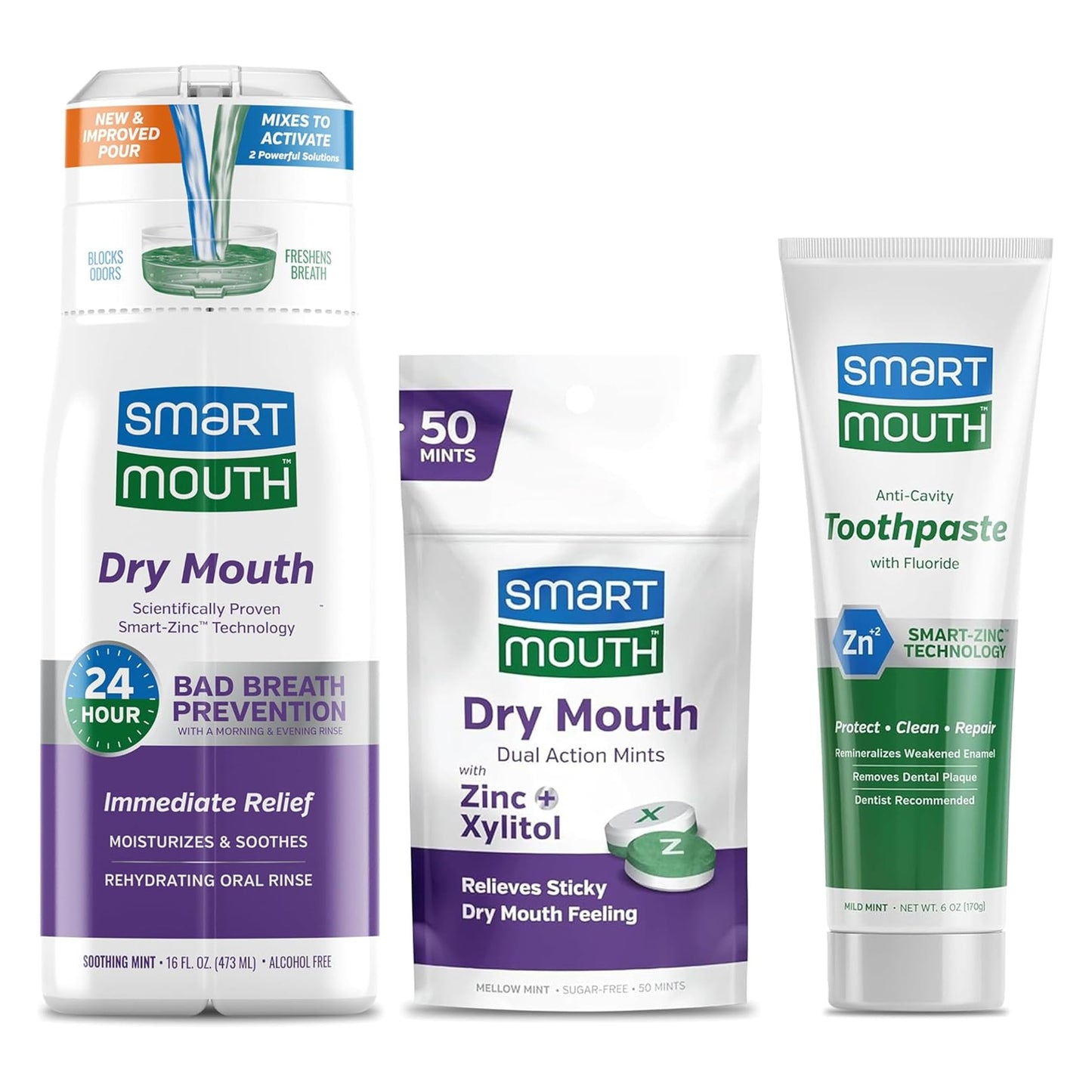 SmartMouth Dry Mouth Care Package: Mouthwash, Mints, Toothpaste