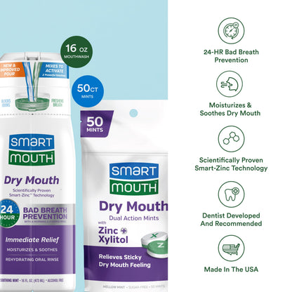 SmartMouth Dry Mouth Dual-Action Mints & Activated Mouthwash Package – 16 Fl Oz Mouthwash + 50 Count Mints, Soothing Mint