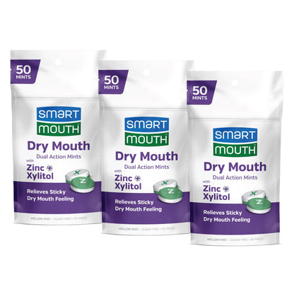 SmartMouth Dry Mouth Dual-Action Mints – Sugar-Free Breath Mints (50 Count, 3 Pack) | Mellow Mint