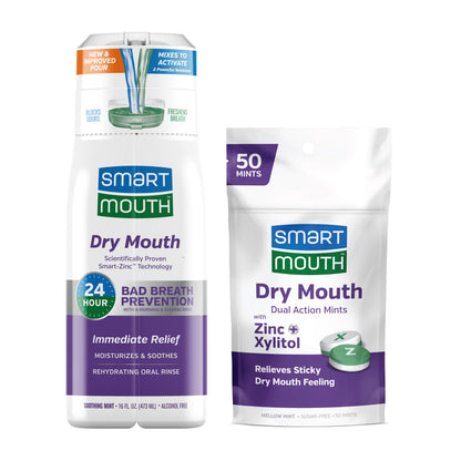 SmartMouth Dry Mouth Dual-Action Mints & Activated Mouthwash Package – 16 Fl Oz Mouthwash + 50 Count Mints, Soothing Mint