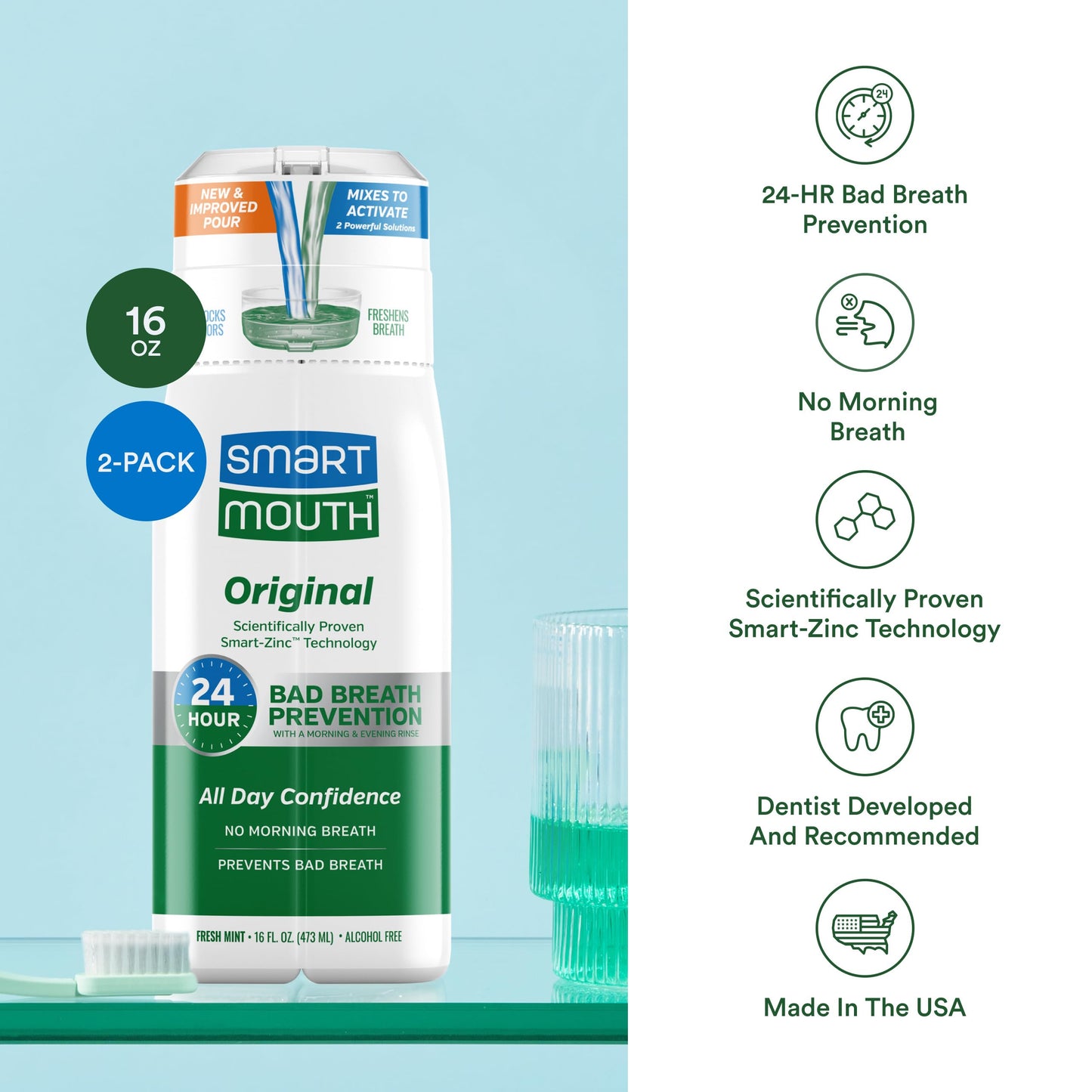 SmartMouth Original Activated Mouthwash – 24-Hour Fresh Breath, Mint, 2-Pack (16 oz)