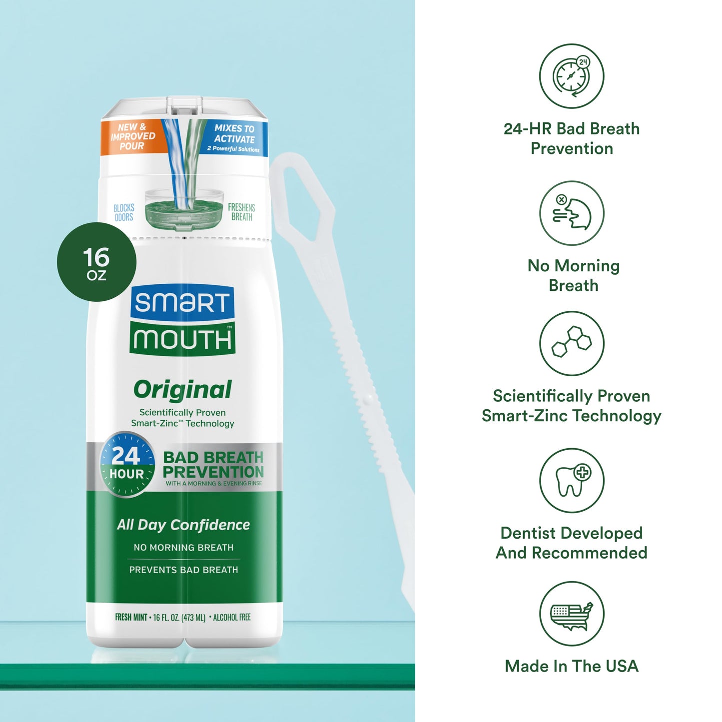 SmartMouth Original Activated Mouthwash & Tongue Cleaner – Bad Breath Support, Mint